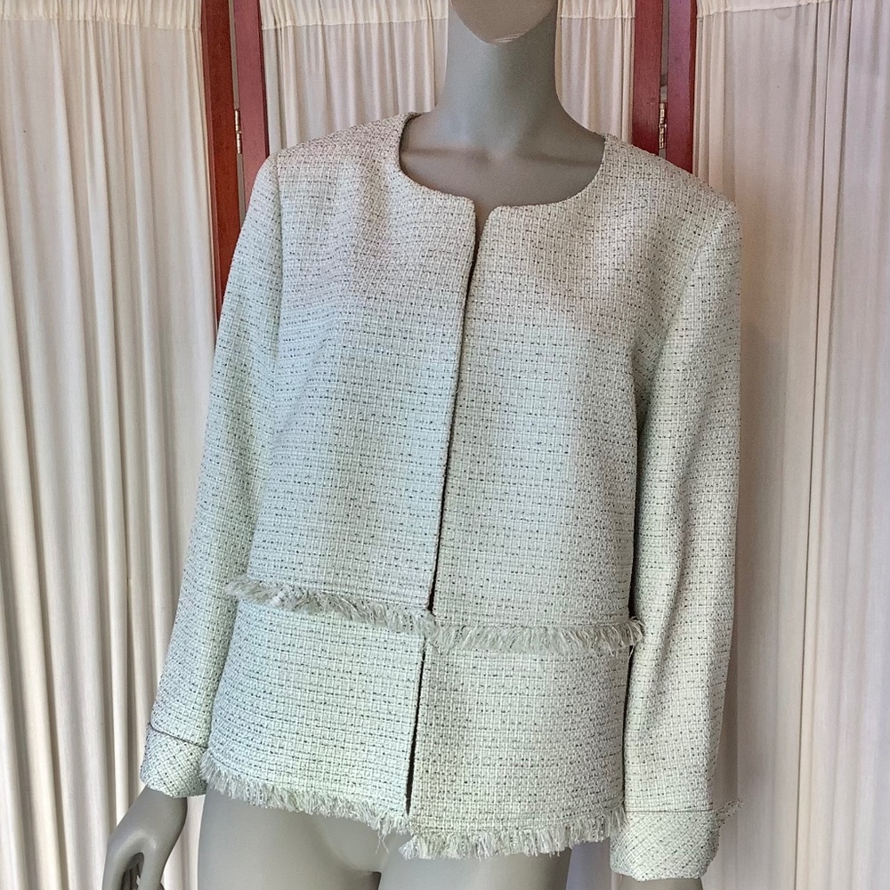 Nine West Womans Tweed Blazer NWT Open Front Fringe Pale Mint Green Size 16